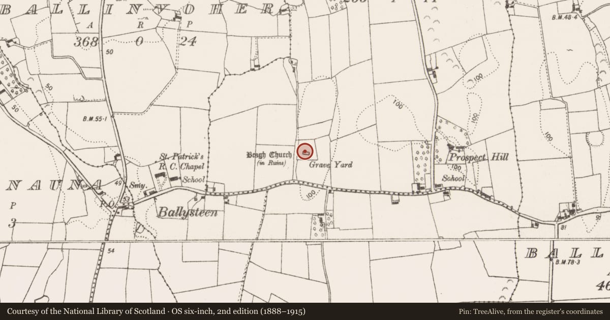 Ordnance Survey six-inch map, 2nd edition (1888–1915) covering the location of Graveyard, Beagh, County Limerick, with a pin at the register's coordinates
