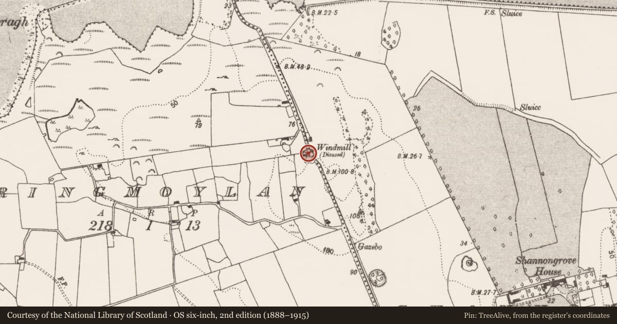 Ordnance Survey six-inch map, 2nd edition (1888–1915) covering the location of Windmill, Ringmoylan, County Limerick, with a pin at the register's coordinates