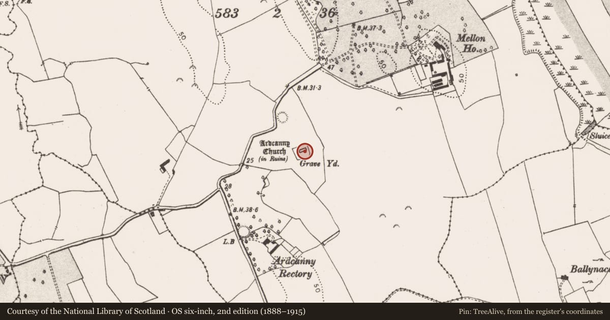 Ordnance Survey six-inch map, 2nd edition (1888–1915) covering the location of Church, Mellon, County Limerick, with a pin at the register's coordinates