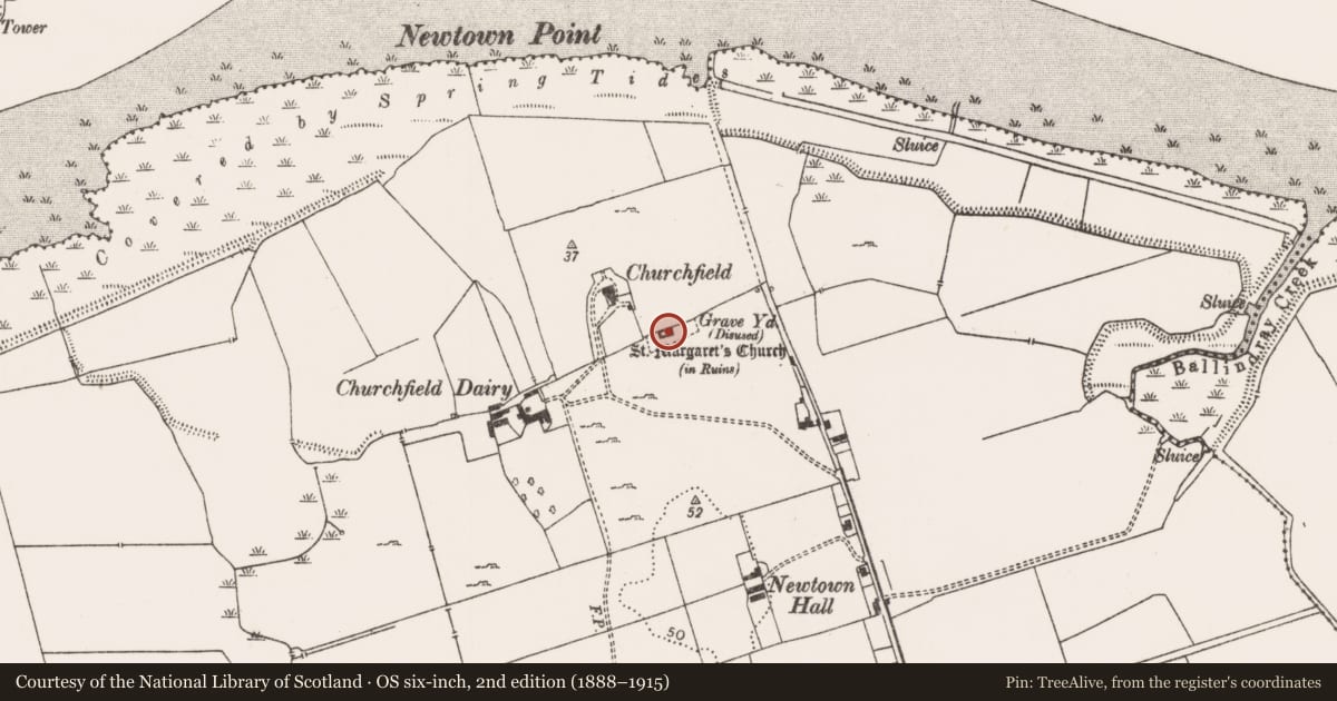 Ordnance Survey six-inch map, 2nd edition (1888–1915) covering the location of Church, Newtown, County Limerick, with a pin at the register's coordinates
