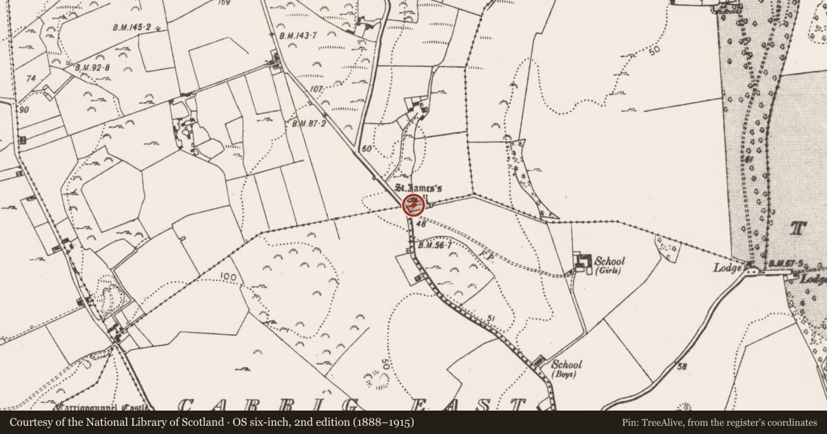 Ordnance Survey six-inch map, 2nd edition (1888–1915) covering the location of Ritual site - holy well, Tervoe, County Limerick, with a pin at the register's coordinates