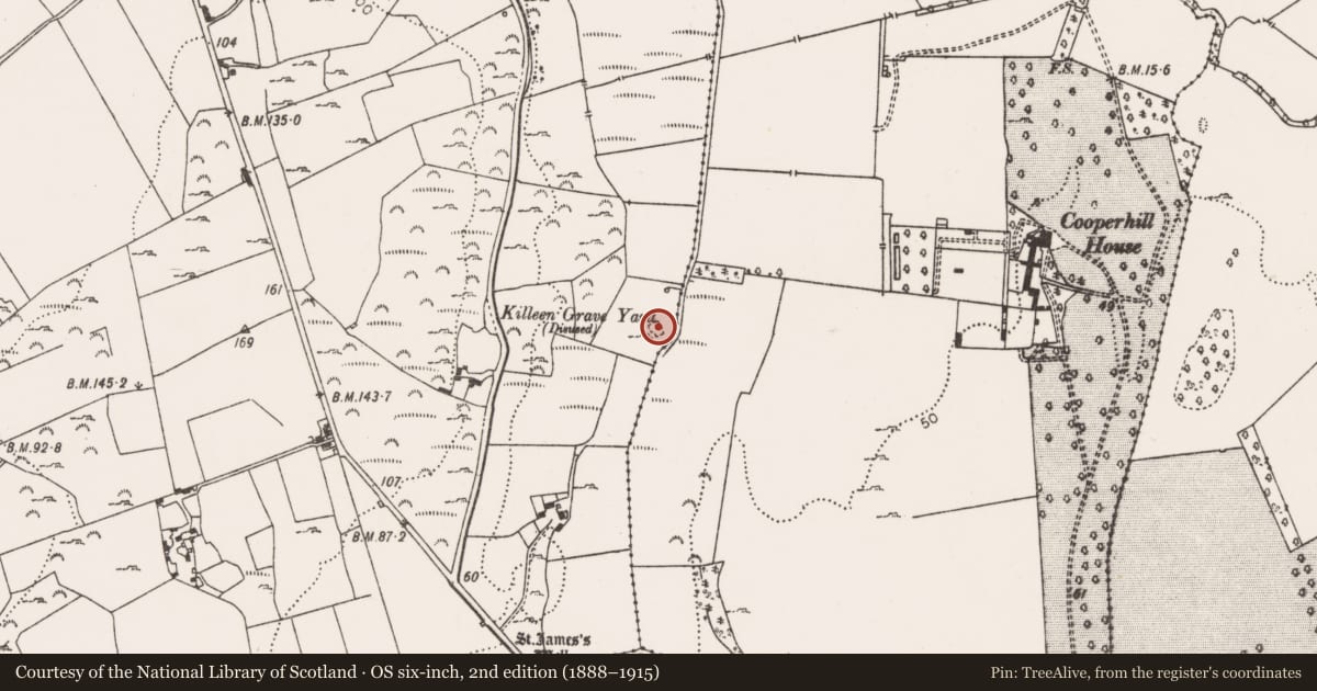 Ordnance Survey six-inch map, 2nd edition (1888–1915) covering the location of Burial ground, Newtown, County Limerick, with a pin at the register's coordinates
