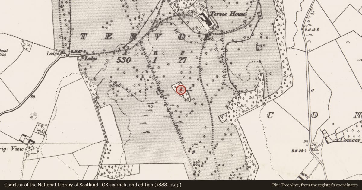 Ordnance Survey six-inch map, 2nd edition (1888–1915) covering the location of Designed landscape feature, Tervoe, County Limerick, with a pin at the register's coordinates