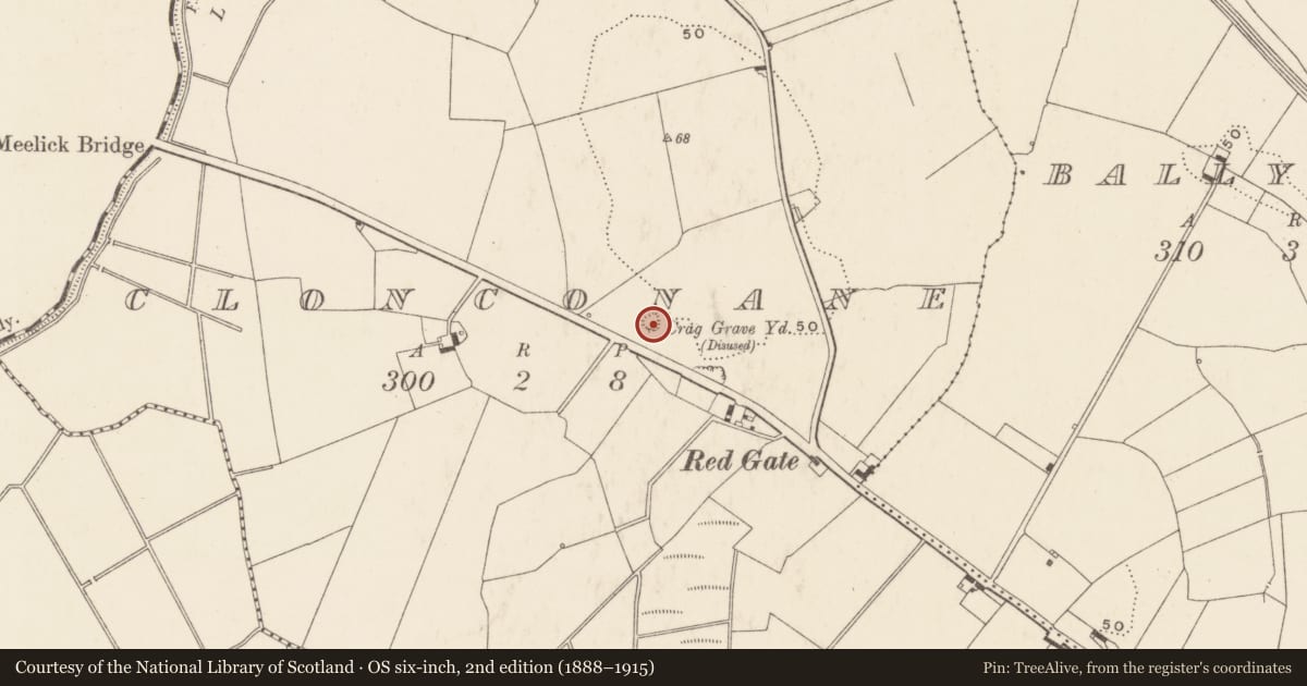 Ordnance Survey six-inch map, 2nd edition (1888–1915) covering the location of Children's burial ground, Clonconane, County Limerick, with a pin at the register's coordinates