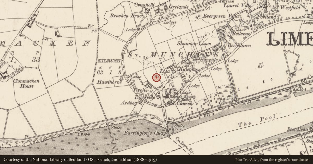 Ordnance Survey six-inch map, 2nd edition (1888–1915) covering the location of Earthwork, Kilrush, Limerick City, County Limerick, with a pin at the register's coordinates