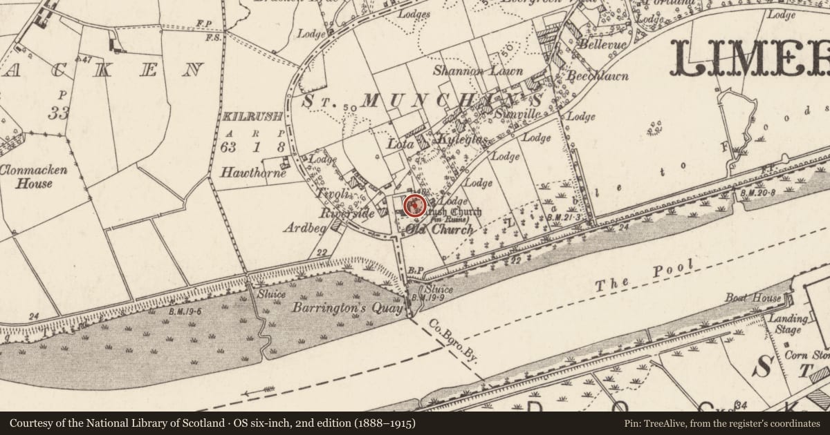 Ordnance Survey six-inch map, 2nd edition (1888–1915) covering the location of Church, Limerick City, Kilrush, County Limerick, with a pin at the register's coordinates