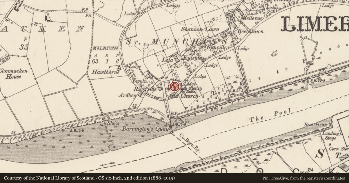 Ordnance Survey six-inch map, 2nd edition (1888–1915) covering the location of Children's burial ground, Limerick City, County Limerick, with a pin at the register's coordinates