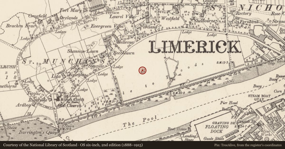Ordnance Survey six-inch map, 2nd edition (1888–1915) covering the location of Battery, Limerick City, Farranshone More, County Limerick, with a pin at the register's coordinates