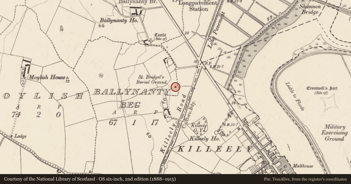 Ordnance Survey six-inch map, 2nd edition (1888–1915) covering the location of Burial ground, Ballynanty Beg, County Limerick, with a pin at the register's coordinates