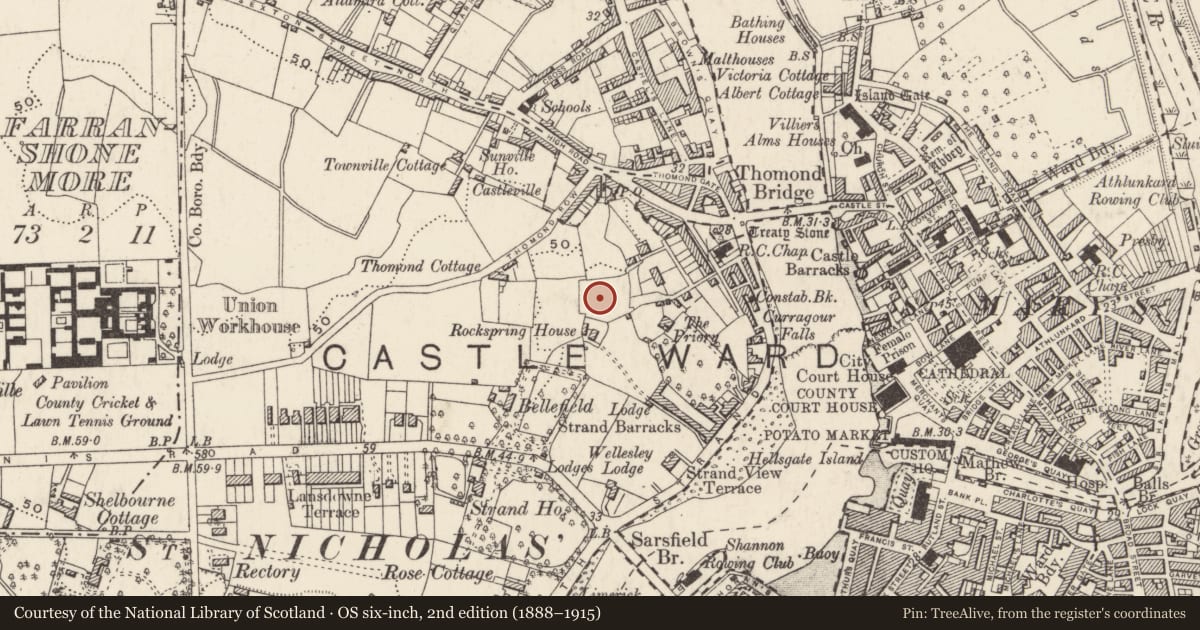 Ordnance Survey six-inch map, 2nd edition (1888–1915) covering the location of Earthwork, Limerick City, Farranshone More, County Limerick, with a pin at the register's coordinates