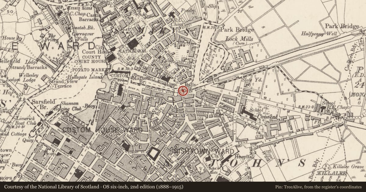 Ordnance Survey six-inch map, 2nd edition (1888–1915) covering the location of Bridge, County Limerick, with a pin at the register's coordinates