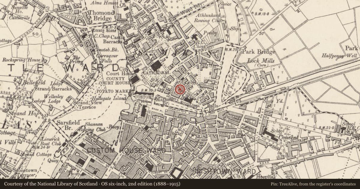 Ordnance Survey six-inch map, 2nd edition (1888–1915) covering the location of Castle - tower house, Englishtown, Limerick City, County Limerick, with a pin at the register's coordinates