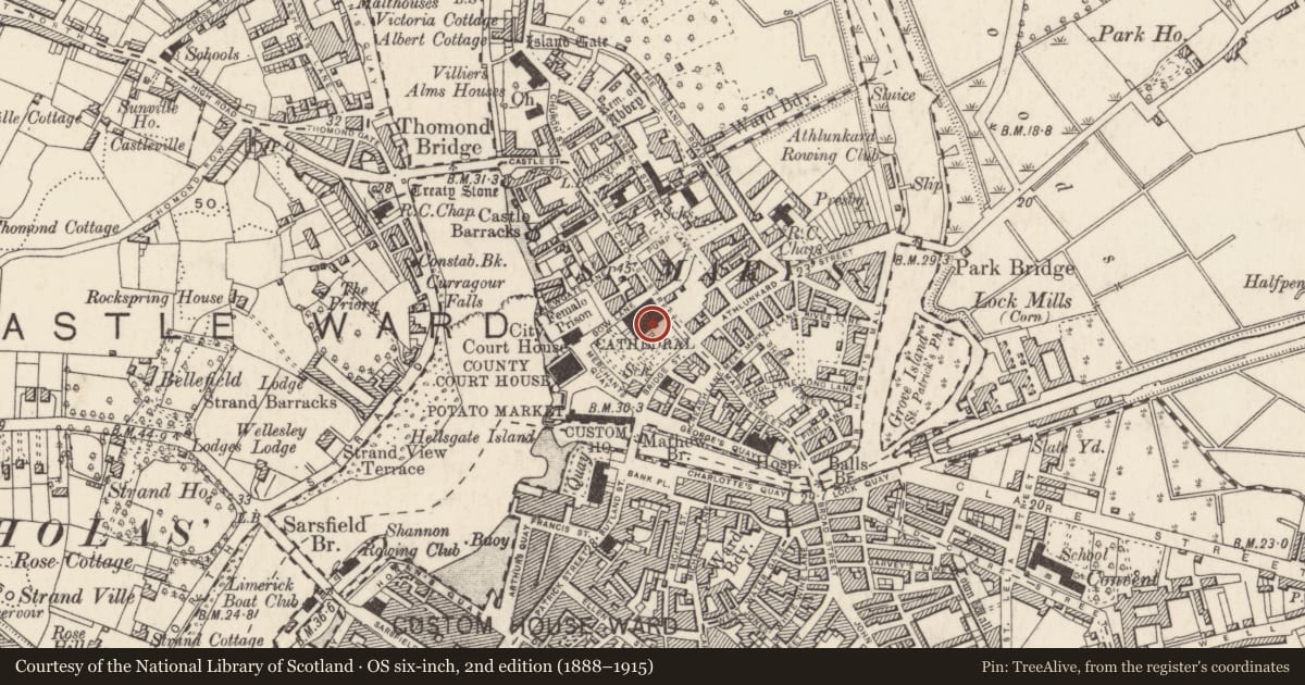 Ordnance Survey six-inch map, 2nd edition (1888–1915) covering the location of Cathedral, Limerick City, Englishtown, County Limerick, with a pin at the register's coordinates