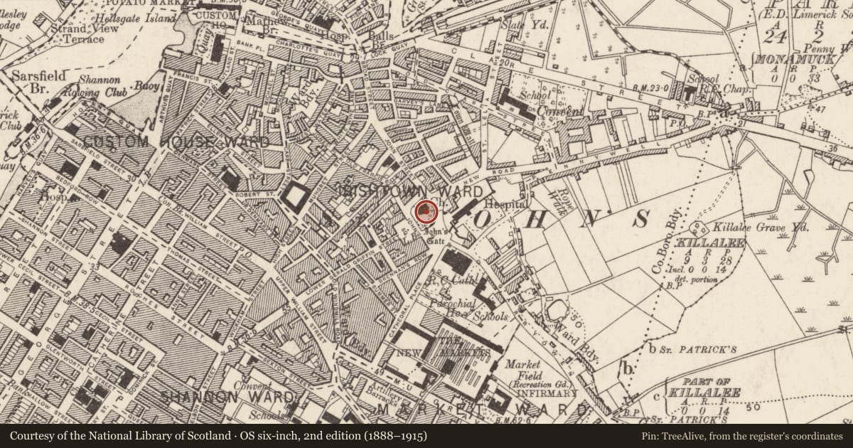 Ordnance Survey six-inch map, 2nd edition (1888–1915) covering the location of Church, Limerick City, Irishtown, County Limerick, with a pin at the register's coordinates