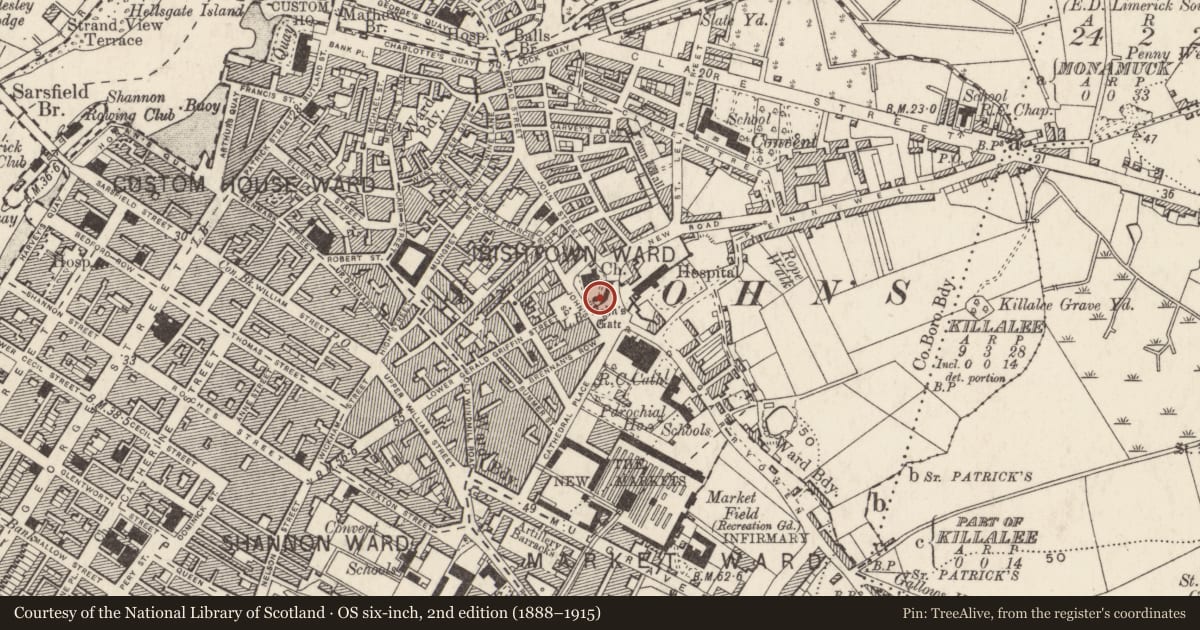 Ordnance Survey six-inch map, 2nd edition (1888–1915) covering the location of Graveyard, Limerick City, Irishtown, County Limerick, with a pin at the register's coordinates