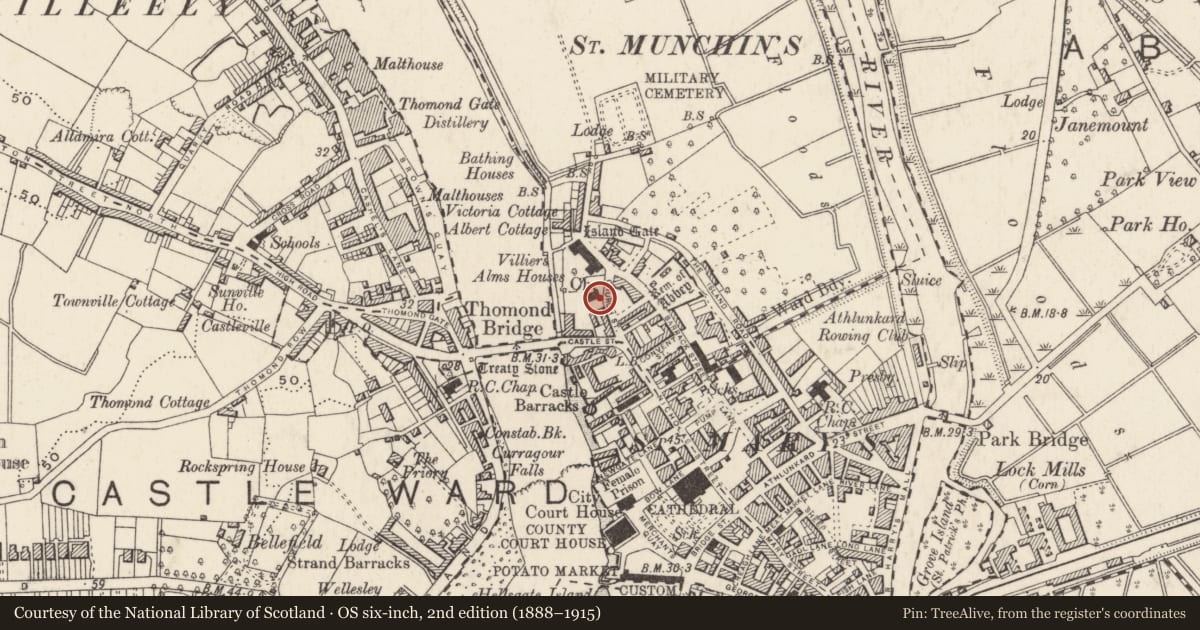 Ordnance Survey six-inch map, 2nd edition (1888–1915) covering the location of Church, Limerick City, King'S Island, County Limerick, with a pin at the register's coordinates