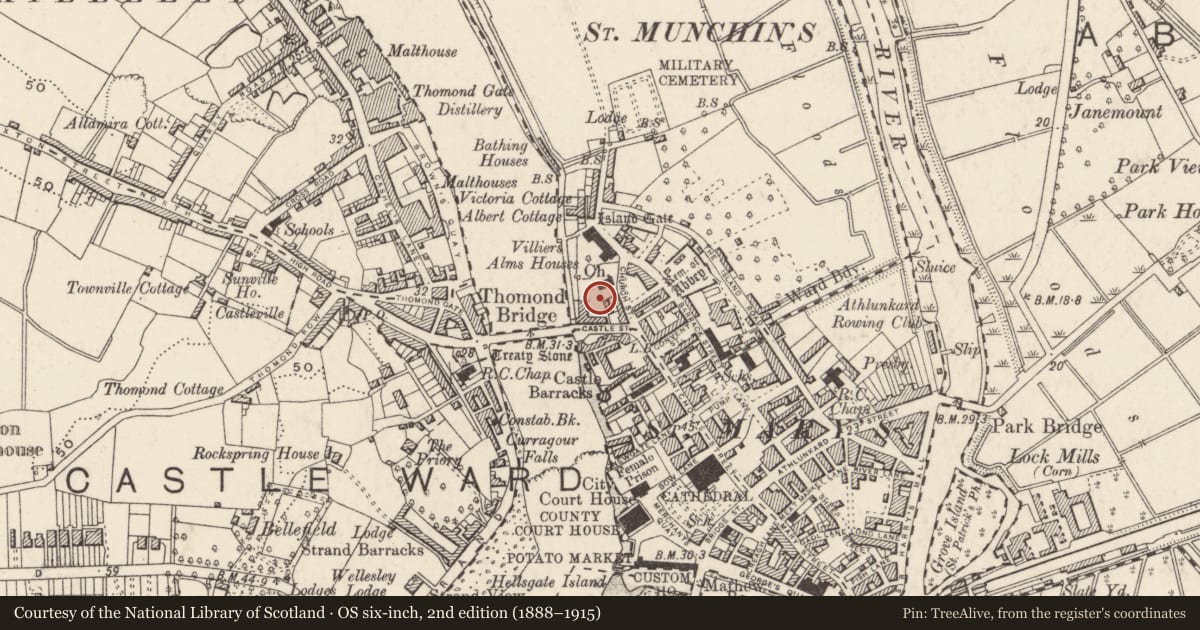 Ordnance Survey six-inch map, 2nd edition (1888–1915) covering the location of Graveyard, King'S Island, Limerick City, County Limerick, with a pin at the register's coordinates