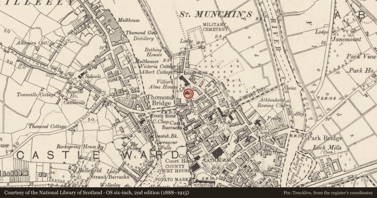 Ordnance Survey six-inch map, 2nd edition (1888–1915) covering the location of Tomb - unclassified, King'S Island, Limerick City, County Limerick, with a pin at the register's coordinates