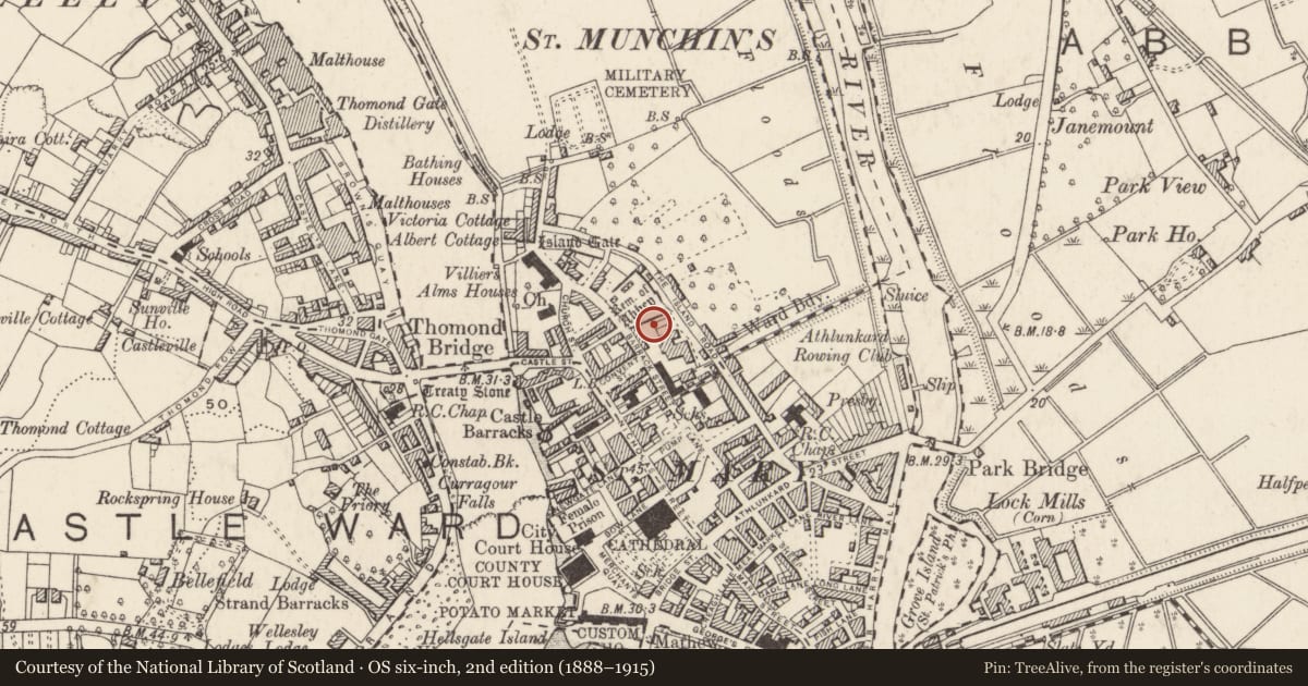 Ordnance Survey six-inch map, 2nd edition (1888–1915) covering the location of Religious house - Dominican friars, King'S Island, Limerick City, County Limerick, with a pin at the register's coordinates