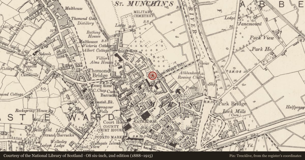 Ordnance Survey six-inch map, 2nd edition (1888–1915) covering the location of Barracks, King'S Island, Limerick City, County Limerick, with a pin at the register's coordinates