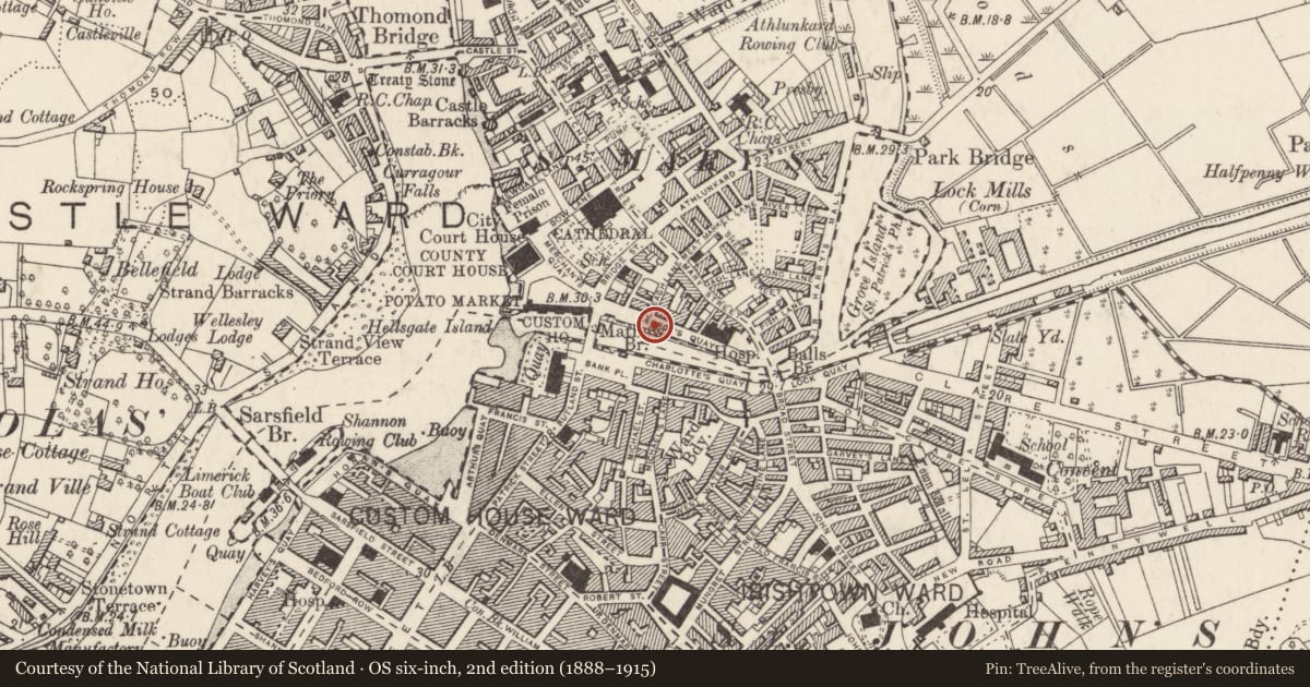 Ordnance Survey six-inch map, 2nd edition (1888–1915) covering the location of Mill - unclassified, Englishtown, Limerick City, County Limerick, with a pin at the register's coordinates