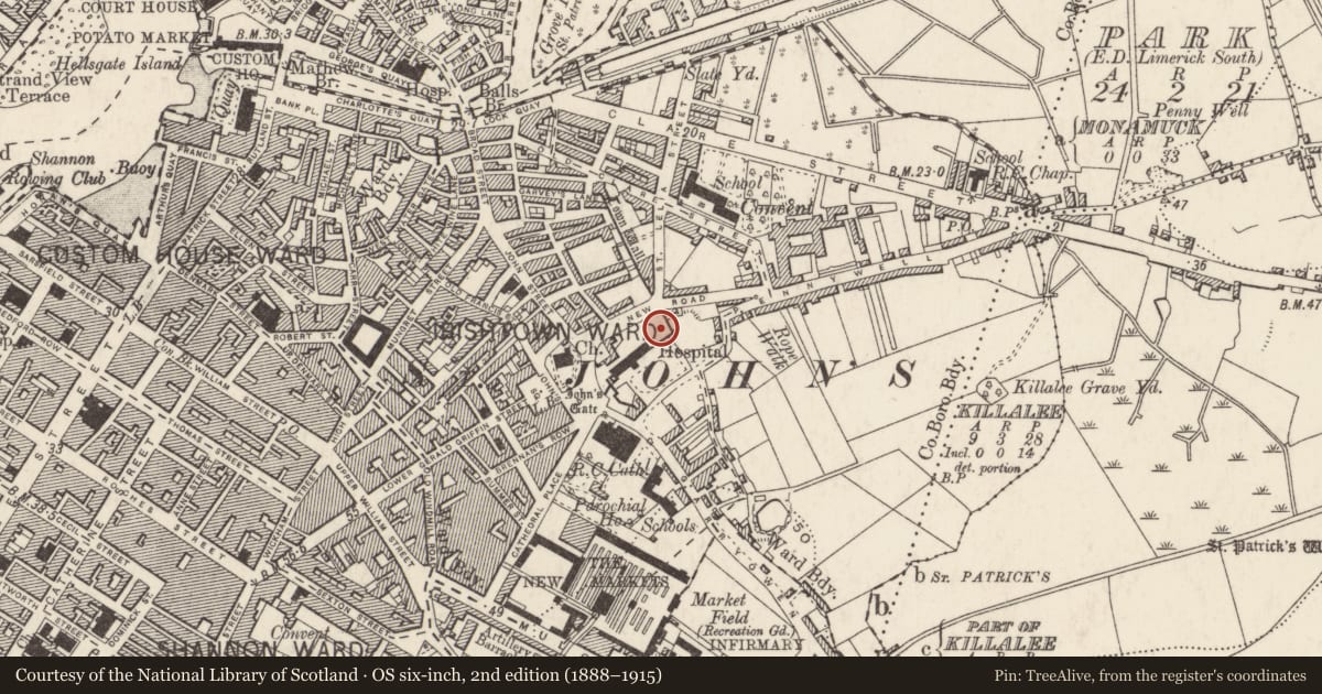 Ordnance Survey six-inch map, 2nd edition (1888–1915) covering the location of Battery, Irishtown, Limerick City, County Limerick, with a pin at the register's coordinates