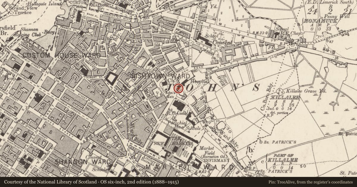 Ordnance Survey six-inch map, 2nd edition (1888–1915) covering the location of Bastioned fort, Limerick City, Irishtown, County Limerick, with a pin at the register's coordinates