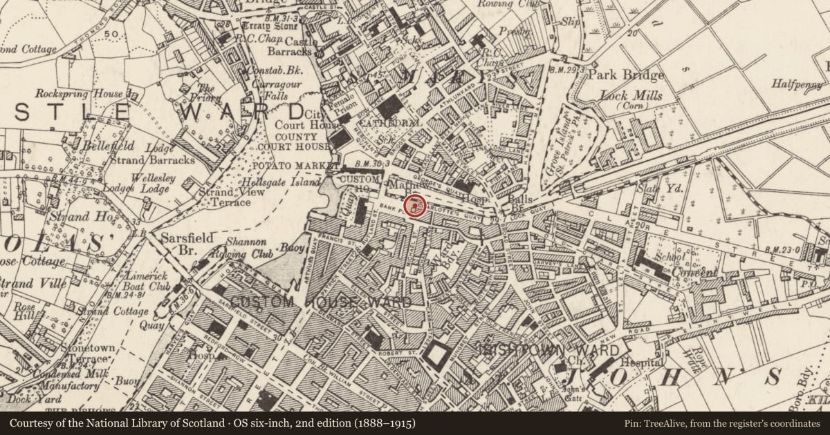 Ordnance Survey six-inch map, 2nd edition (1888–1915) covering the location of Mill - unclassified, Limerick City, Priorsland (Saint Michael's Par.), County Limerick, with a pin at the register's coordinates