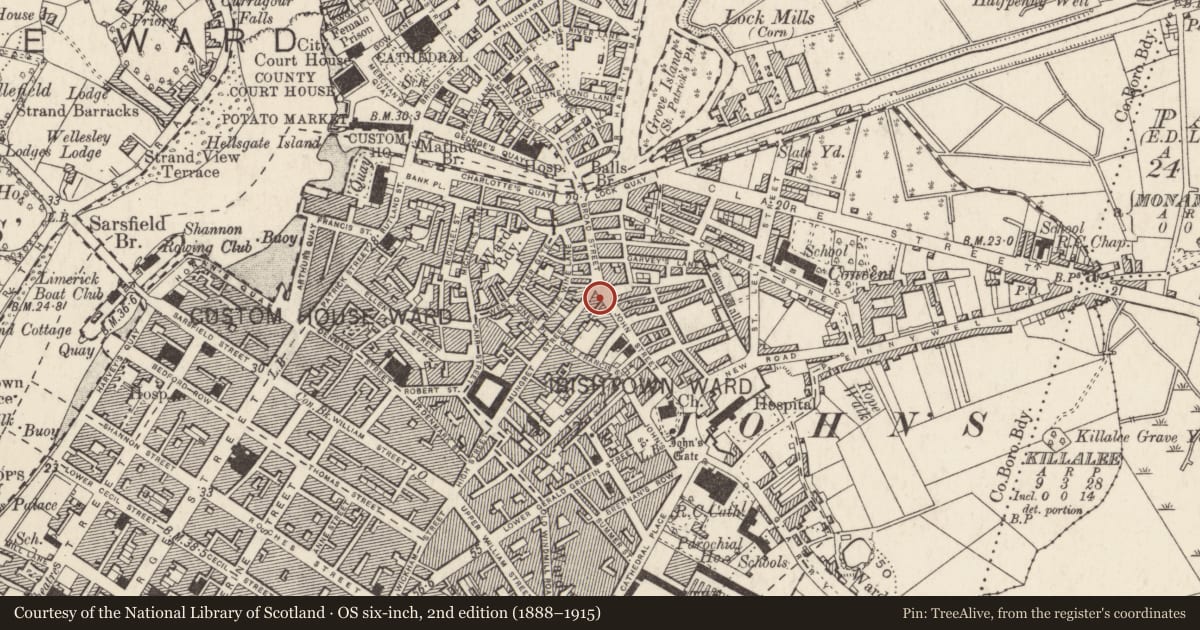 Ordnance Survey six-inch map, 2nd edition (1888–1915) covering the location of Castle - tower house, Irishtown, Limerick City, County Limerick, with a pin at the register's coordinates