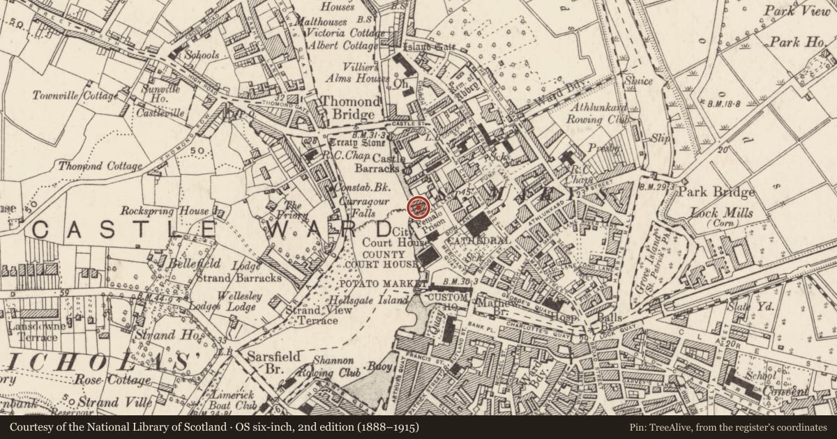 Ordnance Survey six-inch map, 2nd edition (1888–1915) covering the location of Castle - unclassified, Englishtown, Limerick City, County Limerick, with a pin at the register's coordinates