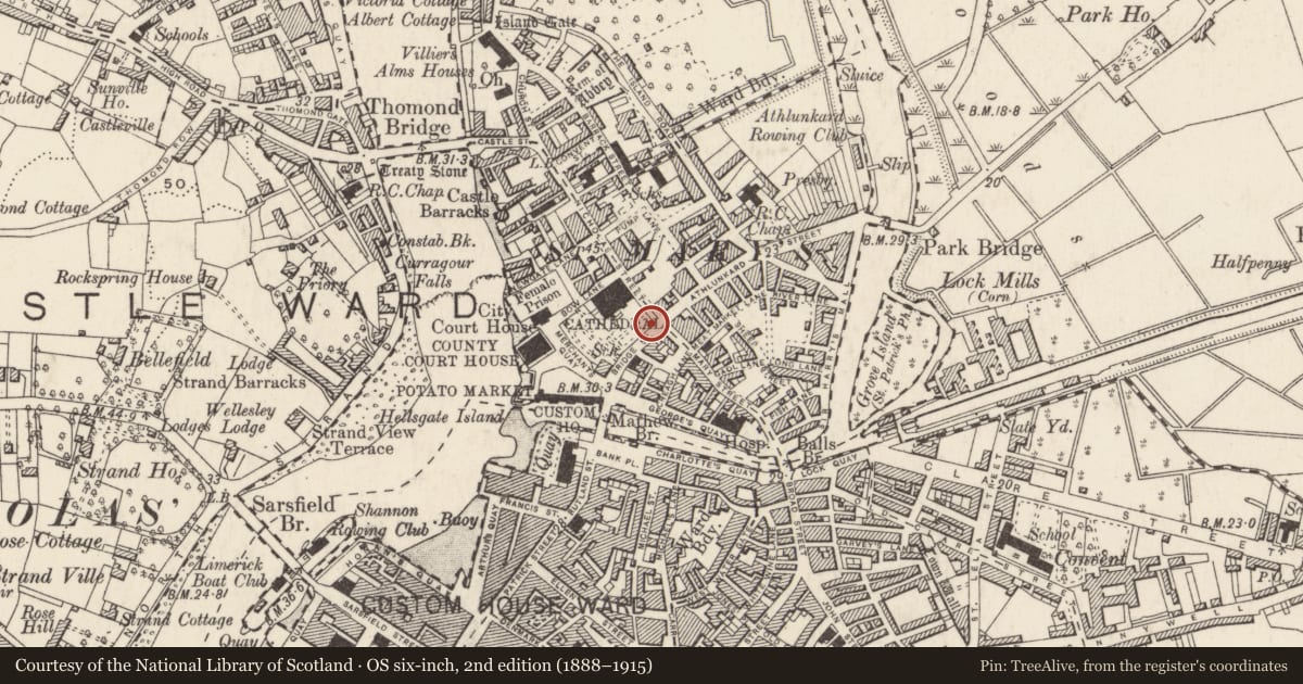 Ordnance Survey six-inch map, 2nd edition (1888–1915) covering the location of House - fortified house, Englishtown, Limerick City, County Limerick, with a pin at the register's coordinates