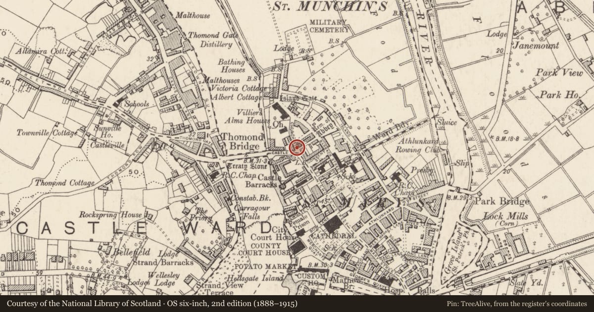 Ordnance Survey six-inch map, 2nd edition (1888–1915) covering the location of Castle - unclassified, King'S Island, Limerick City, County Limerick, with a pin at the register's coordinates