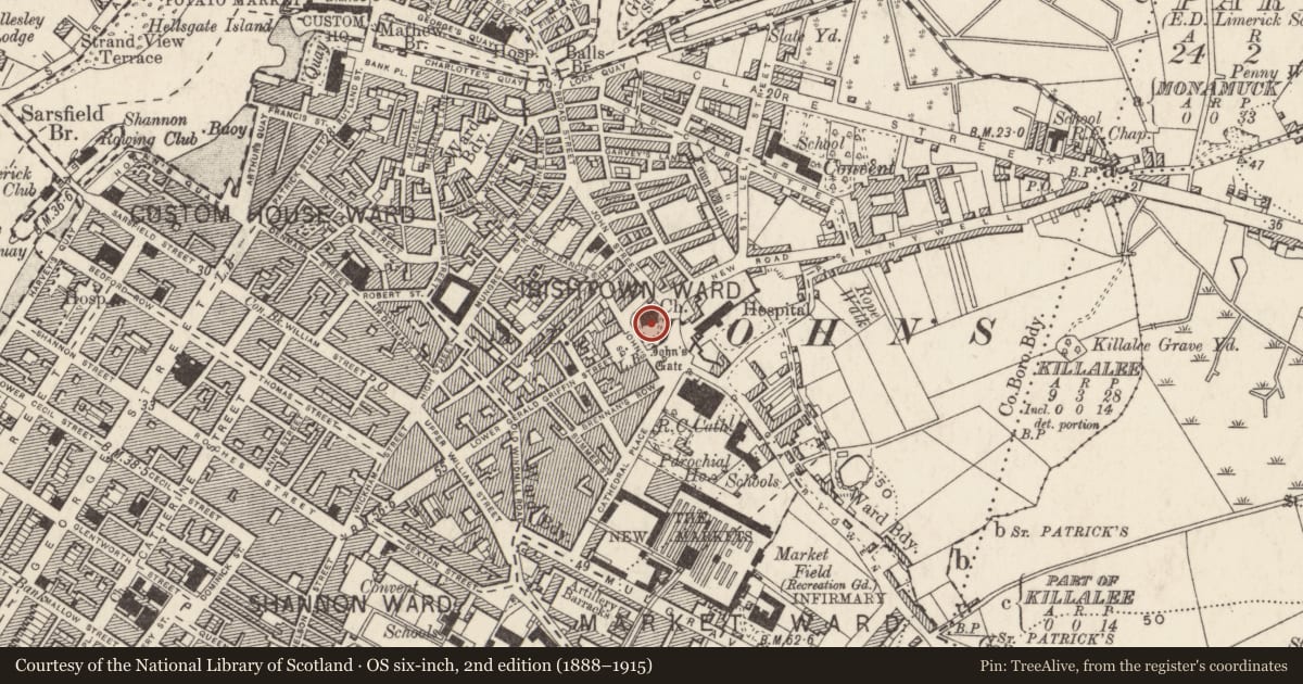 Ordnance Survey six-inch map, 2nd edition (1888–1915) covering the location of Inscribed stone, Limerick City, Irishtown, County Limerick, with a pin at the register's coordinates