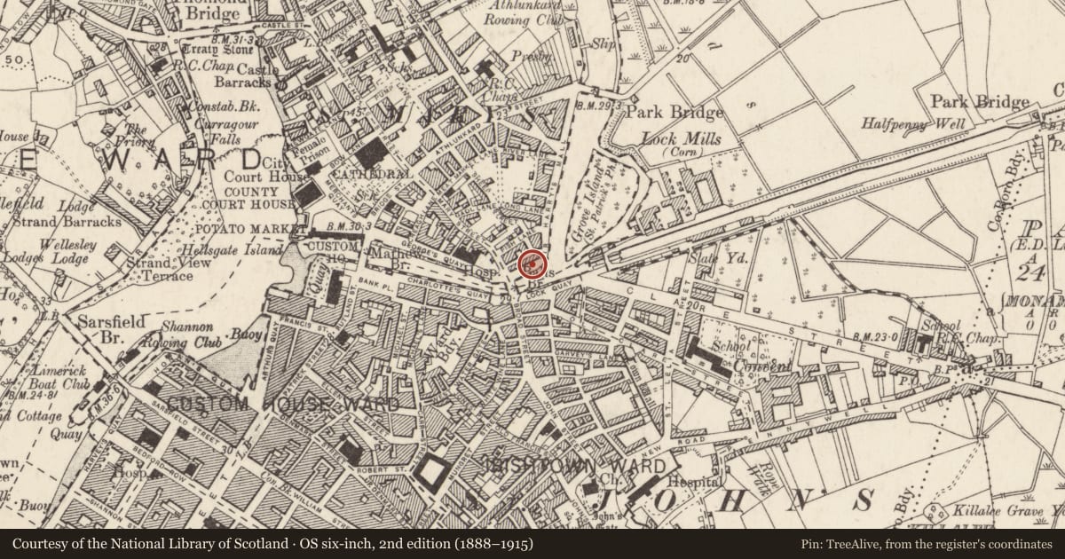 Ordnance Survey six-inch map, 2nd edition (1888–1915) covering the location of Religious house - Fratres Cruciferi, Englishtown, Limerick City, County Limerick, with a pin at the register's coordinates