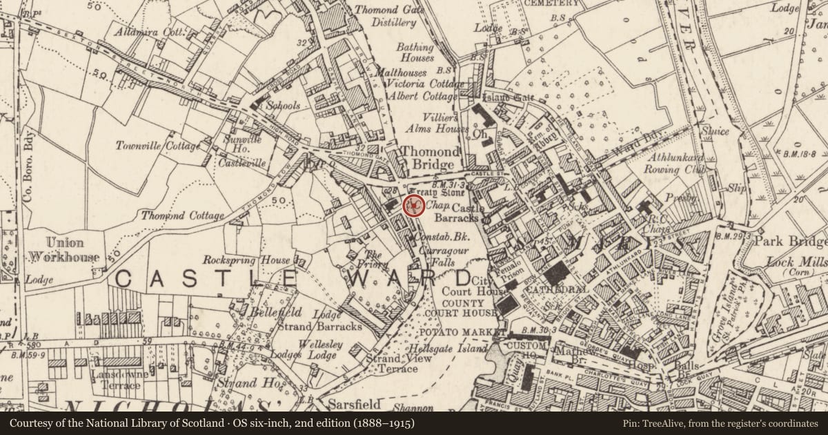 Ordnance Survey six-inch map, 2nd edition (1888–1915) covering the location of Monumental structure, Limerick City, County Limerick, with a pin at the register's coordinates