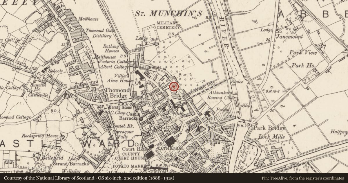 Ordnance Survey six-inch map, 2nd edition (1888–1915) covering the location of Architectural fragment, King'S Island, Limerick City, County Limerick, with a pin at the register's coordinates