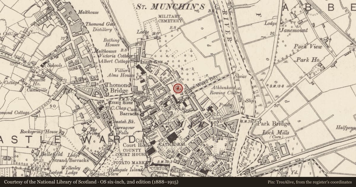 Ordnance Survey six-inch map, 2nd edition (1888–1915) covering the location of Burial ground, King'S Island, Limerick City, County Limerick, with a pin at the register's coordinates