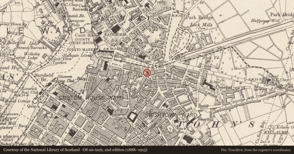 Ordnance Survey six-inch map, 2nd edition (1888–1915) covering the location of Quay, County Limerick, with a pin at the register's coordinates