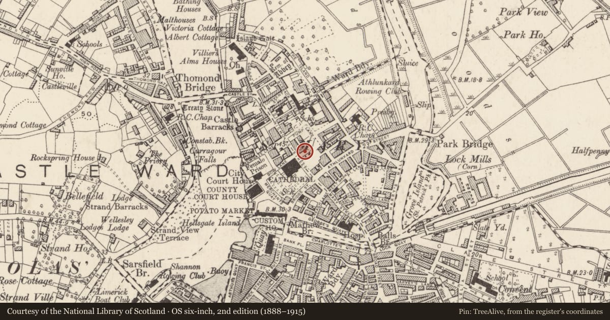 Ordnance Survey six-inch map, 2nd edition (1888–1915) covering the location of House - medieval, Englishtown, Limerick City, County Limerick, with a pin at the register's coordinates