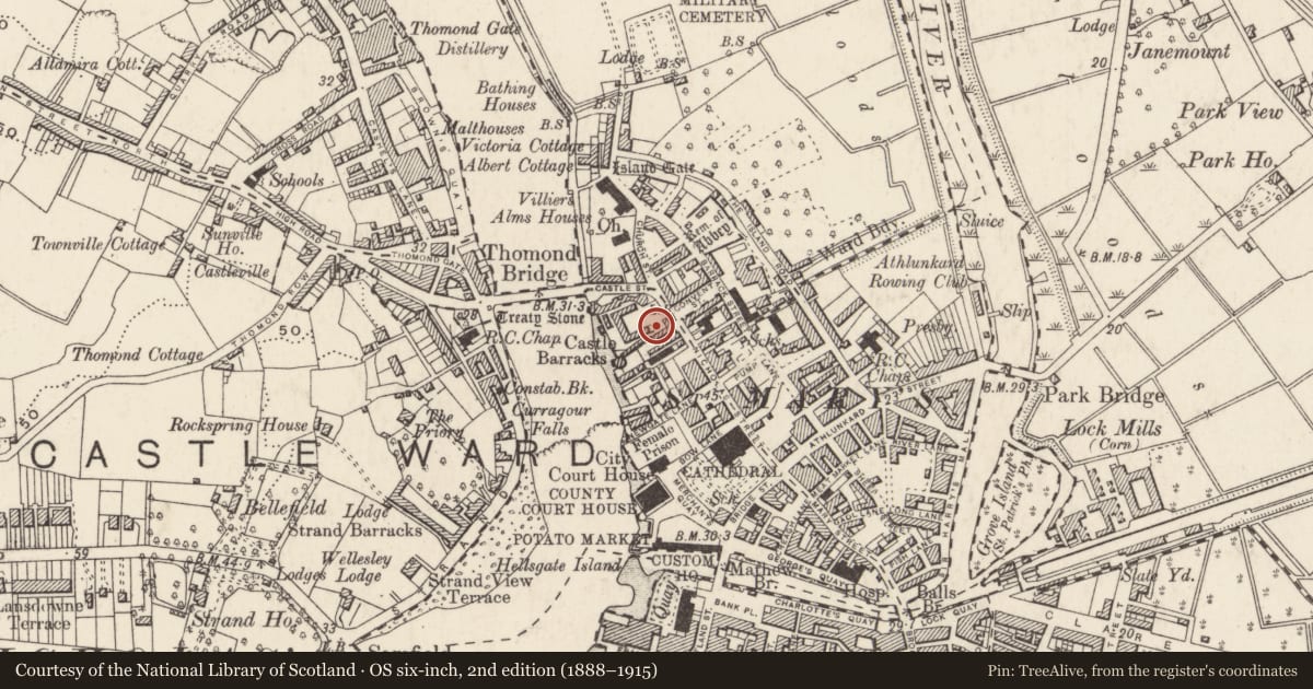 Ordnance Survey six-inch map, 2nd edition (1888–1915) covering the location of Castle - ringwork, Limerick City, County Limerick, with a pin at the register's coordinates