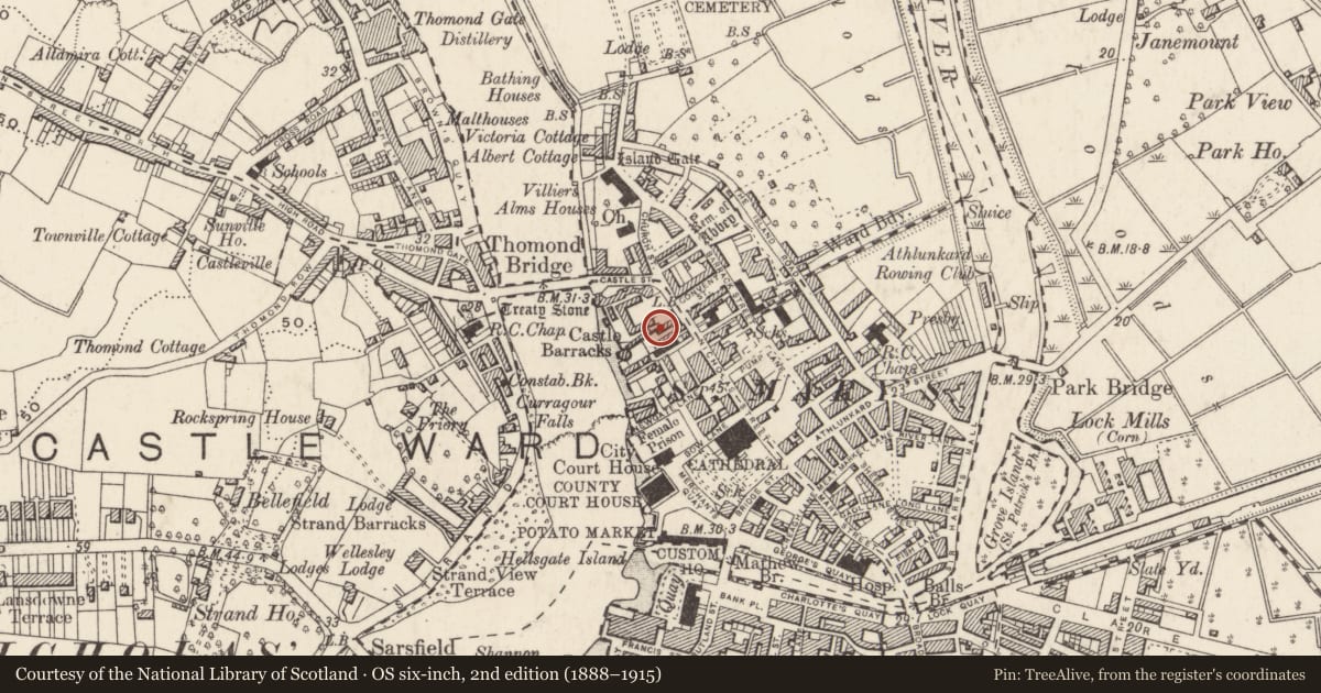 Ordnance Survey six-inch map, 2nd edition (1888–1915) covering the location of House - medieval, Englishtown, Limerick City, County Limerick, with a pin at the register's coordinates