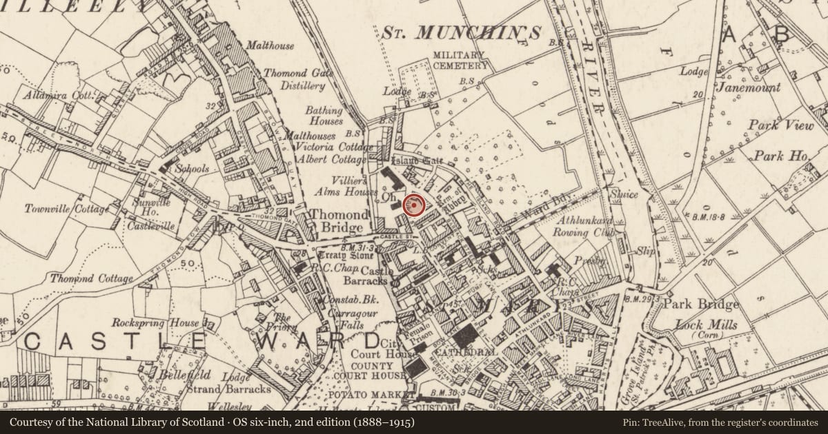Ordnance Survey six-inch map, 2nd edition (1888–1915) covering the location of Well, Englishtown, Limerick City, County Limerick, with a pin at the register's coordinates