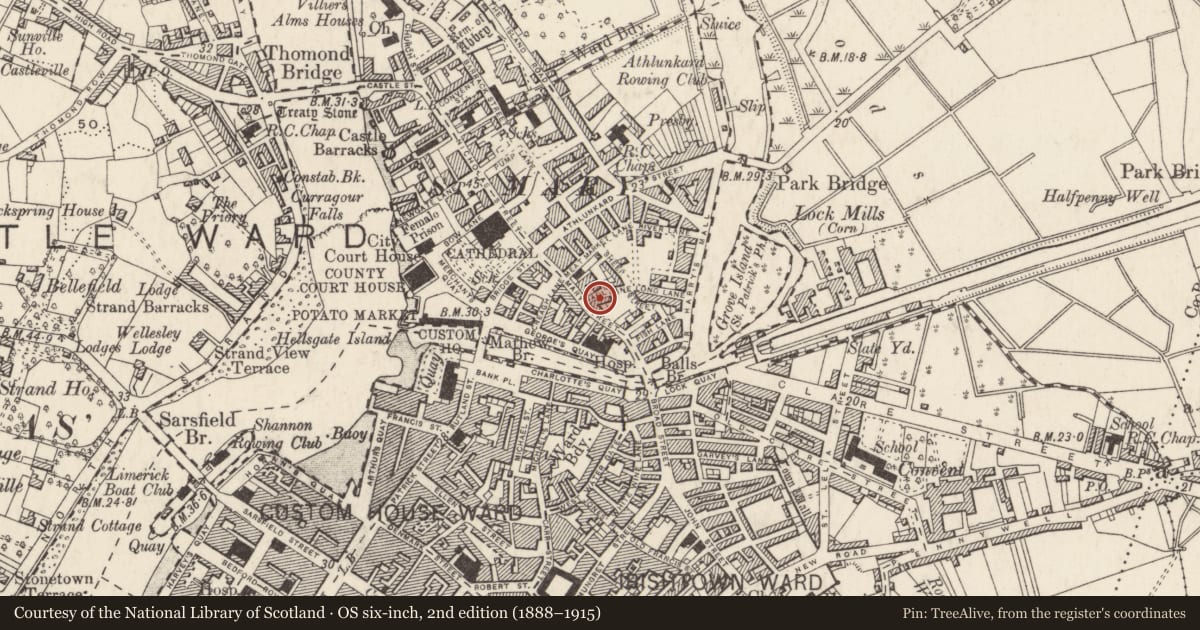 Ordnance Survey six-inch map, 2nd edition (1888–1915) covering the location of House - 16th/17th century, Limerick City, Saint Francis Abbey, County Limerick, with a pin at the register's coordinates