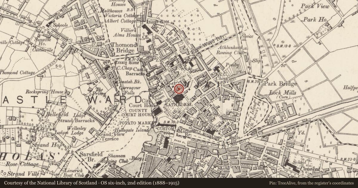 Ordnance Survey six-inch map, 2nd edition (1888–1915) covering the location of House - medieval, Limerick City, Englishtown, County Limerick, with a pin at the register's coordinates