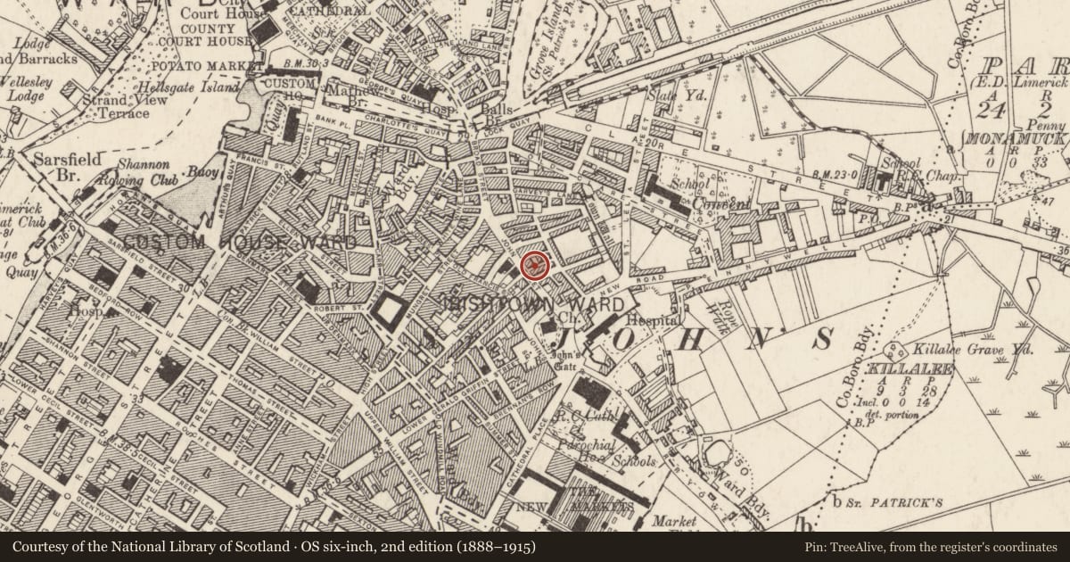 Ordnance Survey six-inch map, 2nd edition (1888–1915) covering the location of Excavation - miscellaneous, Irishtown, Limerick City, County Limerick, with a pin at the register's coordinates