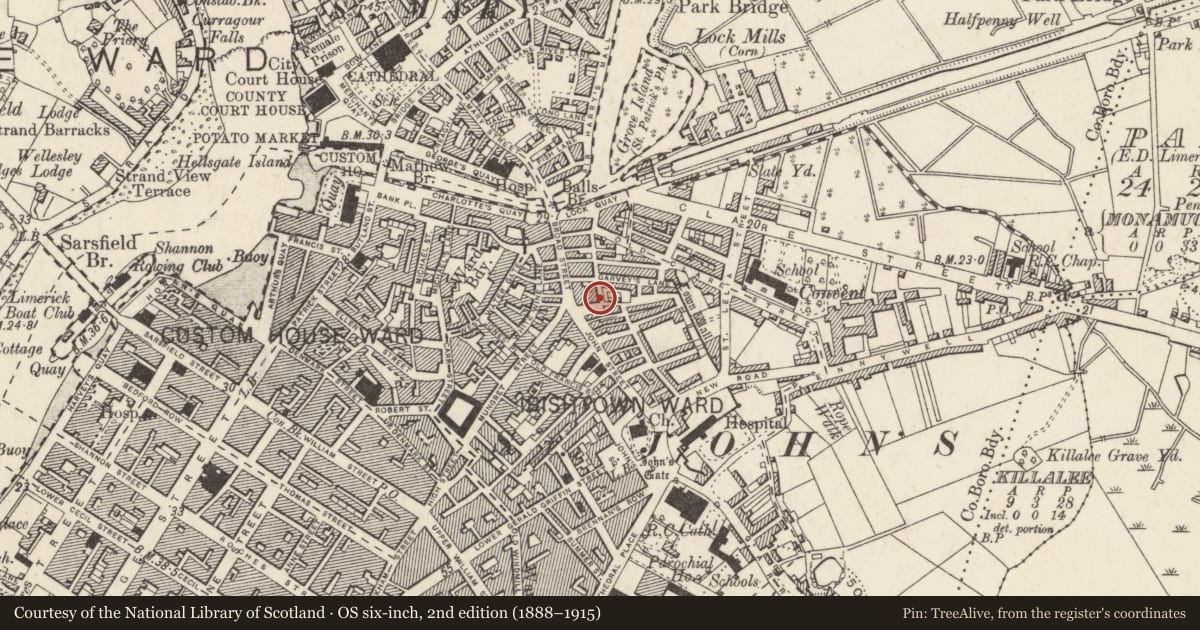Ordnance Survey six-inch map, 2nd edition (1888–1915) covering the location of Excavation - miscellaneous, Limerick City, Irishtown, County Limerick, with a pin at the register's coordinates