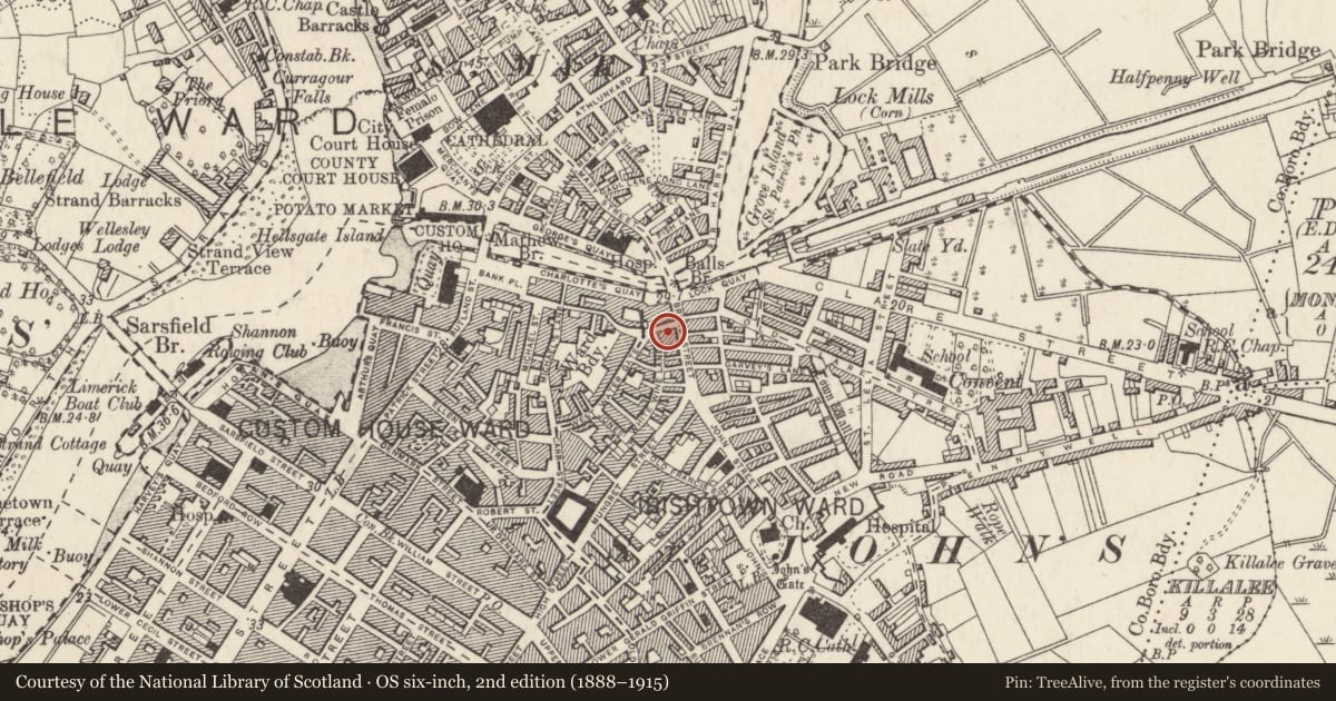 Ordnance Survey six-inch map, 2nd edition (1888–1915) covering the location of Castle - unclassified, Irishtown, Limerick City, County Limerick, with a pin at the register's coordinates