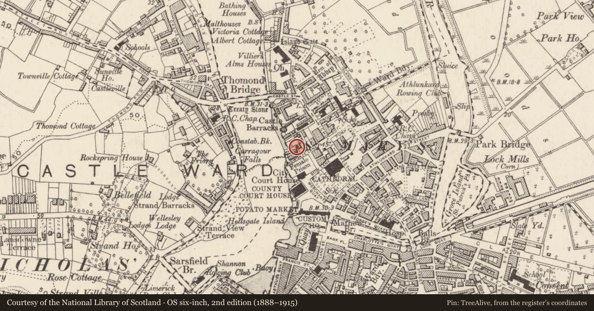 Ordnance Survey six-inch map, 2nd edition (1888–1915) covering the location of House - medieval, Englishtown, Limerick City, County Limerick, with a pin at the register's coordinates