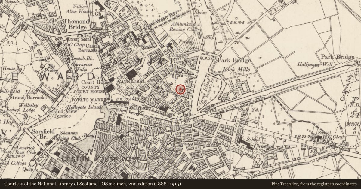 Ordnance Survey six-inch map, 2nd edition (1888–1915) covering the location of Kiln, Englishtown, Limerick City, County Limerick, with a pin at the register's coordinates