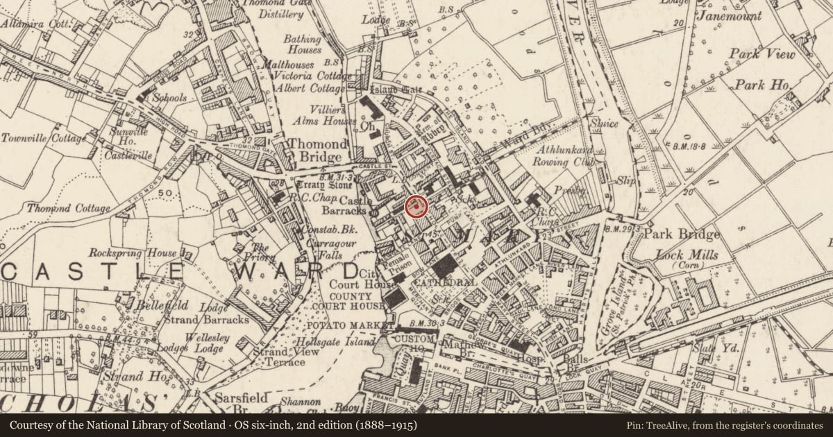 Ordnance Survey six-inch map, 2nd edition (1888–1915) covering the location of Graveyard, Limerick City, County Limerick, with a pin at the register's coordinates